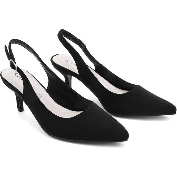 Women’s Black Low Heel Pump Closed Pointed Toe Kitten Wedding Party Dress Shoes - Picture 3 of 4